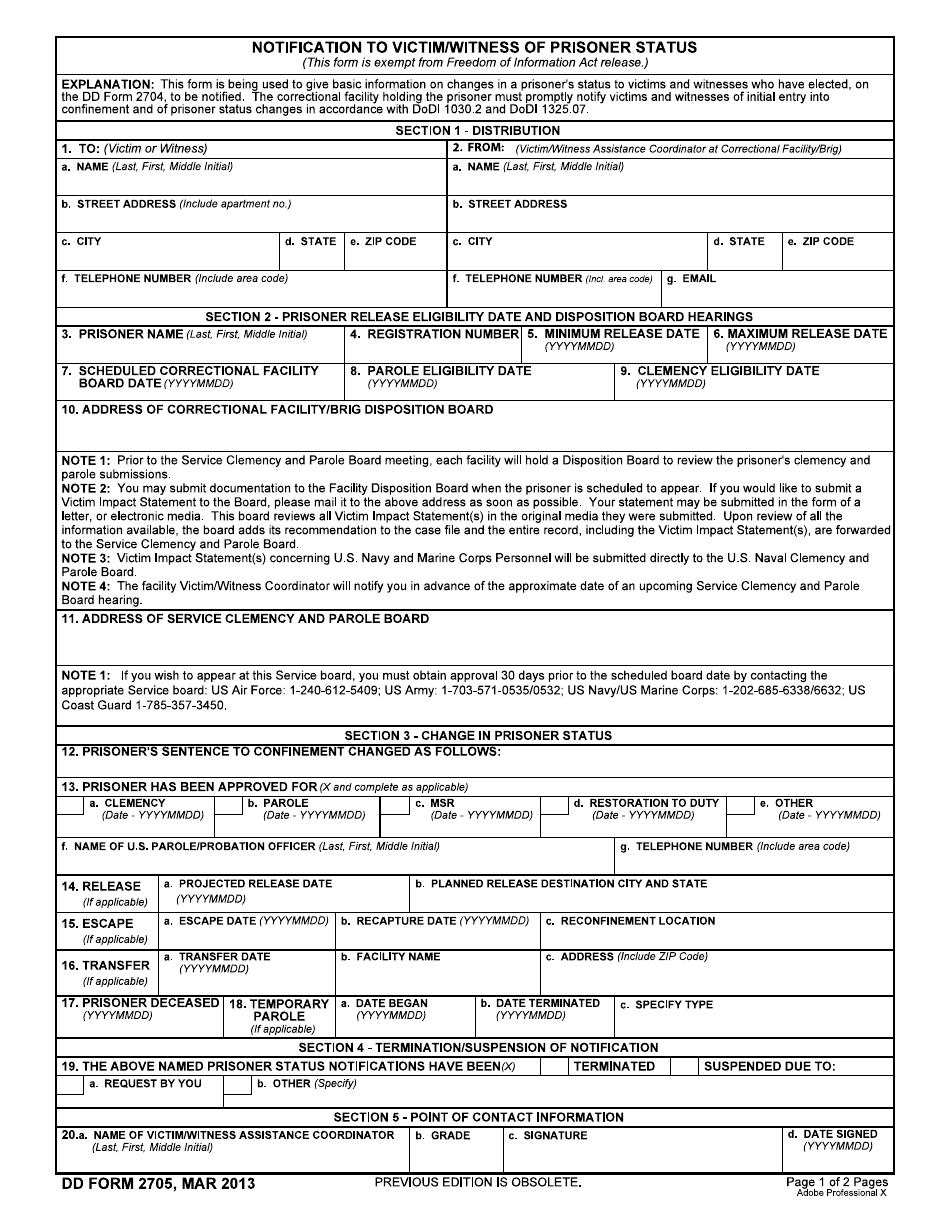 DD Form 2705 Notification to Victim / Witness of Prisoner Status, Page 1