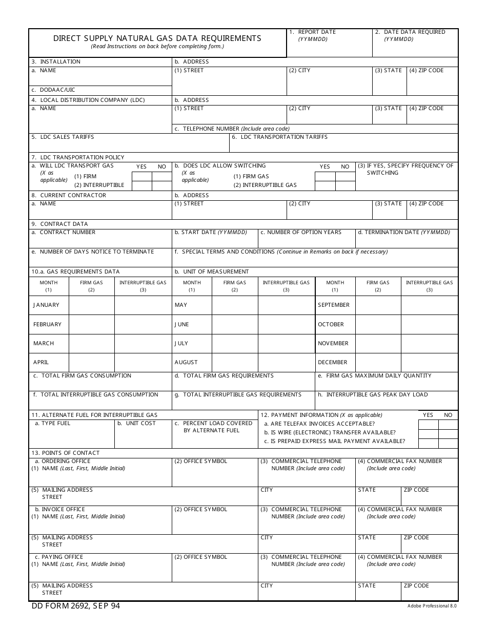 DD Form 2692 Direct Supply Natural Gas Data Requirements, Page 1