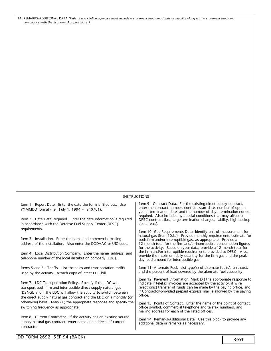 DD Form 2692 Direct Supply Natural Gas Data Requirements, Page 2