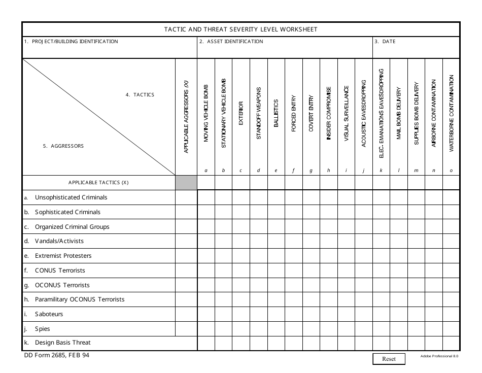 DD Form 2685 Tactic and Threat Severity Level Worksheet, Page 1