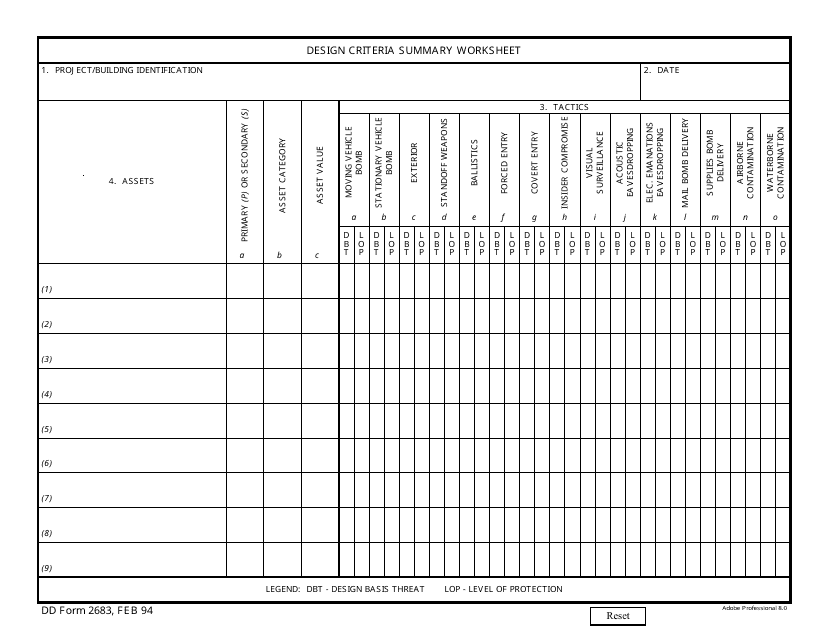 DD Form 2683 Design Criteria Summary Worksheet