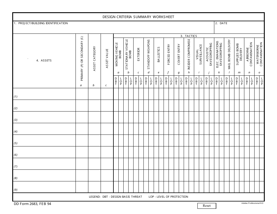 DD Form 2683 Design Criteria Summary Worksheet, Page 1