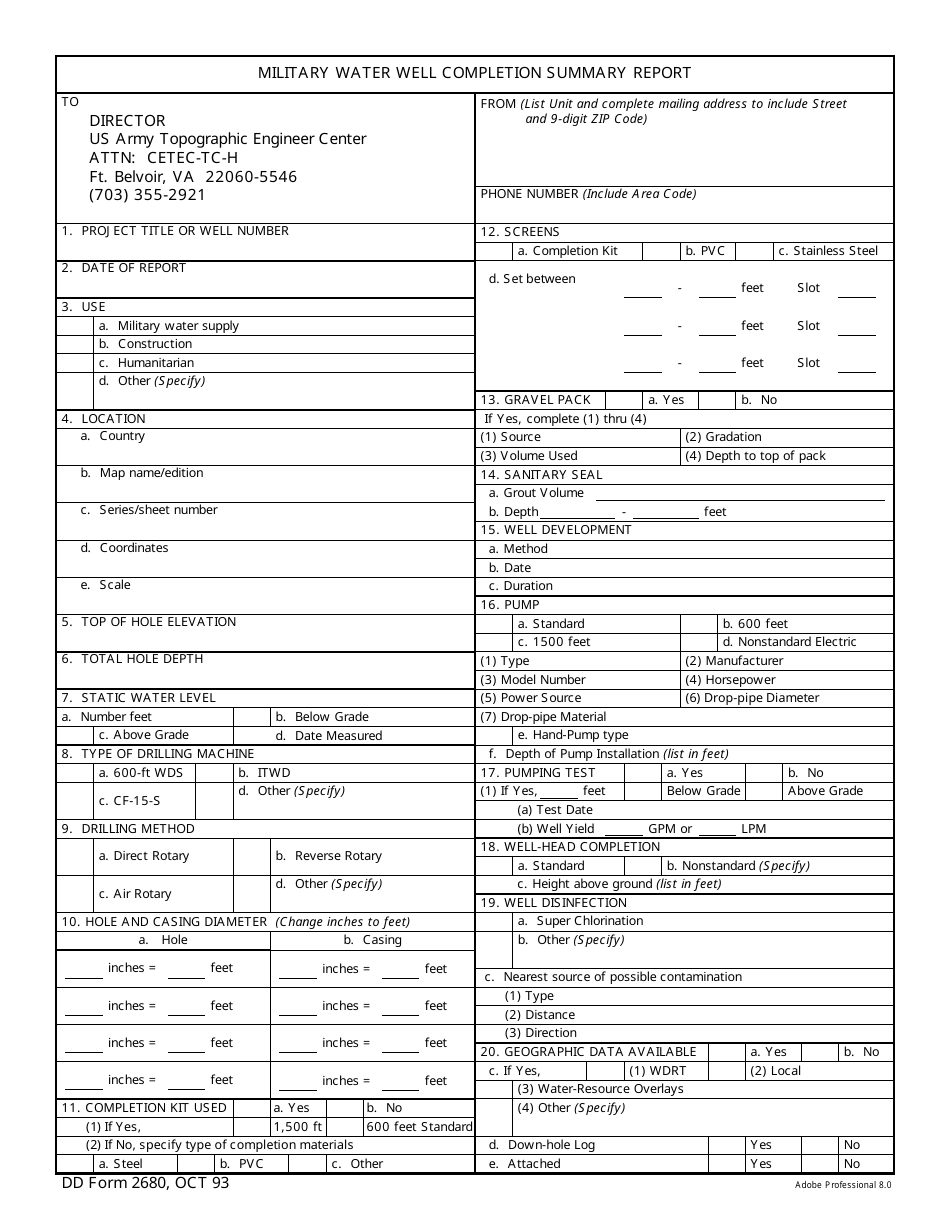 DD Form 2680 Military Water Well Completion Summary Report, Page 1