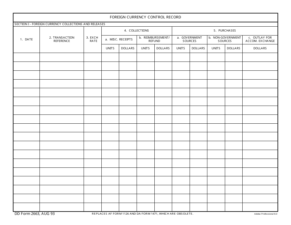 DD Form 2663 Foreign Currency Control Record, Page 1