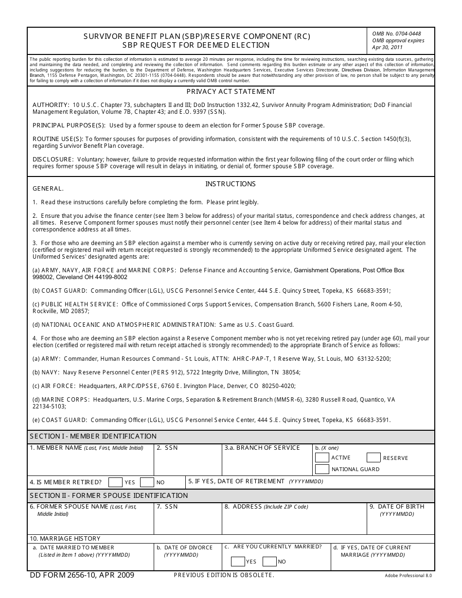 DD Form 2656-10 Survivor Benefit Plan (SBP) / Reserve Component (RC) SBP Request for Deemed Election, Page 1