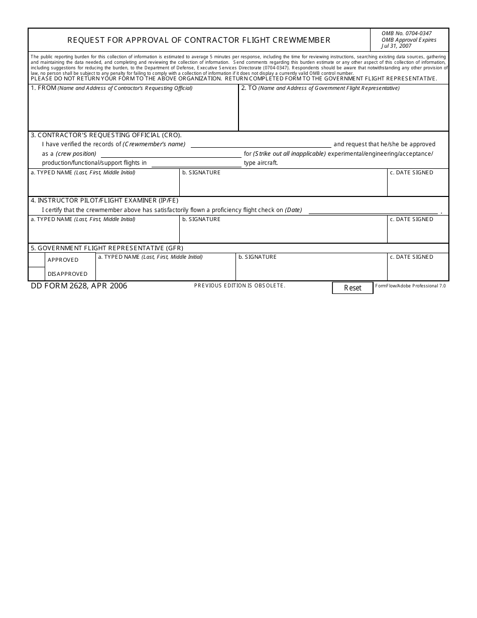 DD Form 2628 Request for Approval of Contractor Flight Crewmember, Page 1