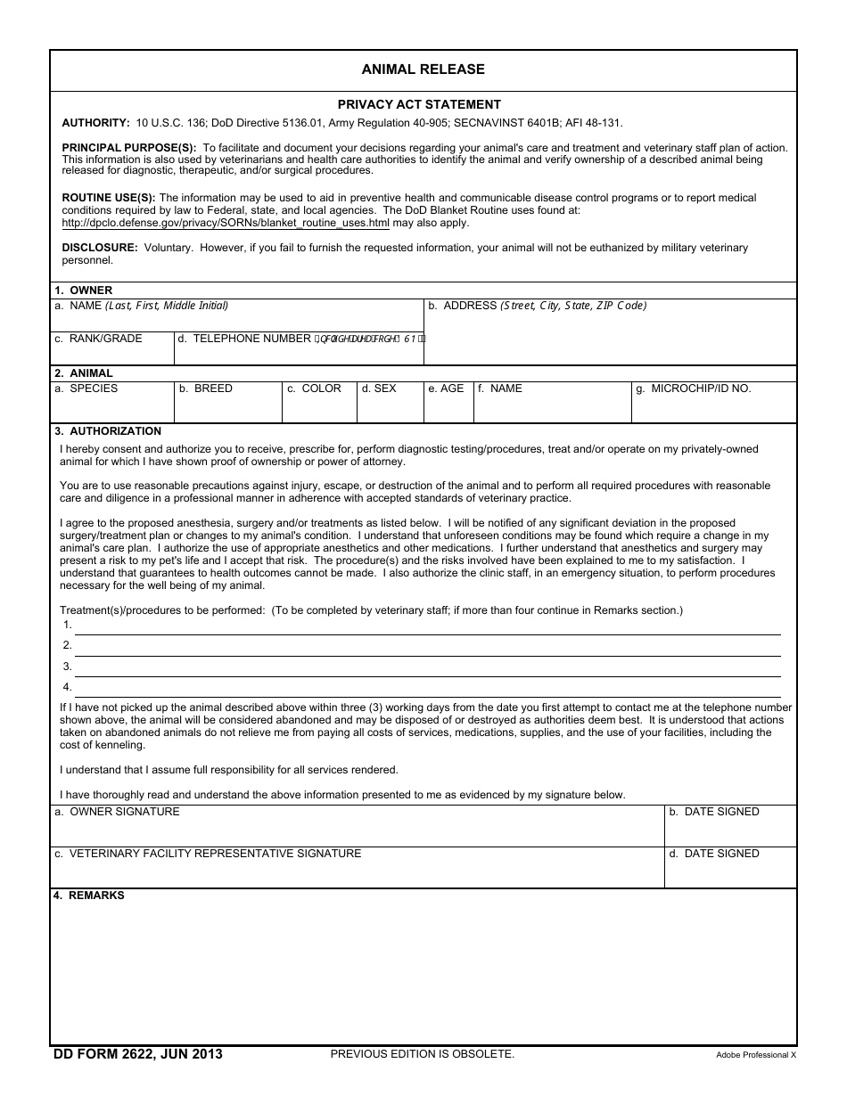 DD Form 2622 Animal Release, Page 1