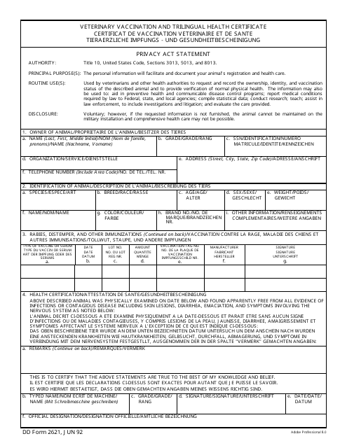 DD Form 2621 Veterinary Vaccination and Trilingual Health Certificate