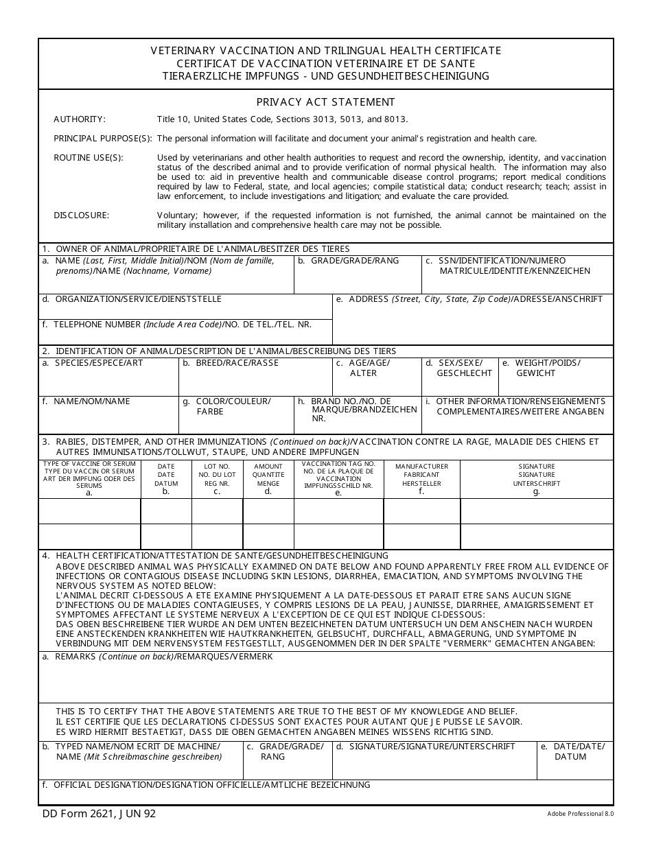 DD Form 2621 Veterinary Vaccination and Trilingual Health Certificate, Page 1