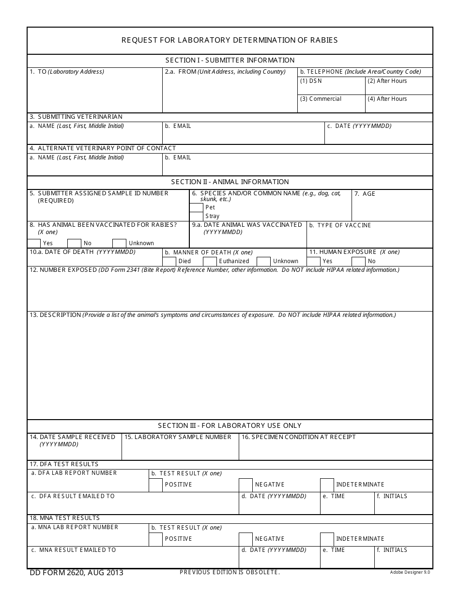 DD Form 2620 Request for Laboratory Determination of Rabies, Page 1