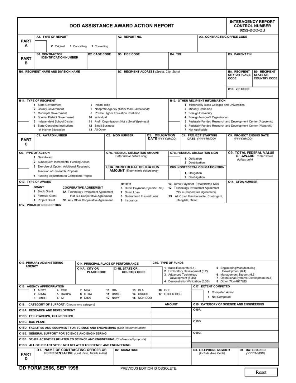DD Form 2566 Download Fillable PDF or Fill Online Assistance Award
