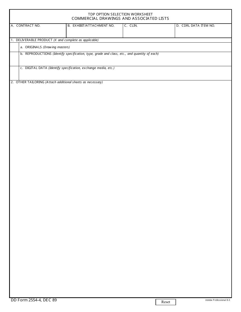 DD Form 2554-4 Tdp Option Selection Worksheet - Commercial Drawings and Associated Lists, Page 1