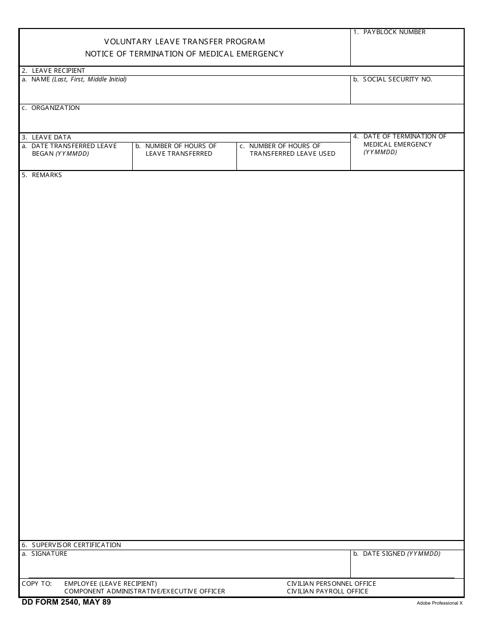DD Form 2540 Voluntary Leave Transfer Program Notice of Termination of Medical Emergency, Page 1