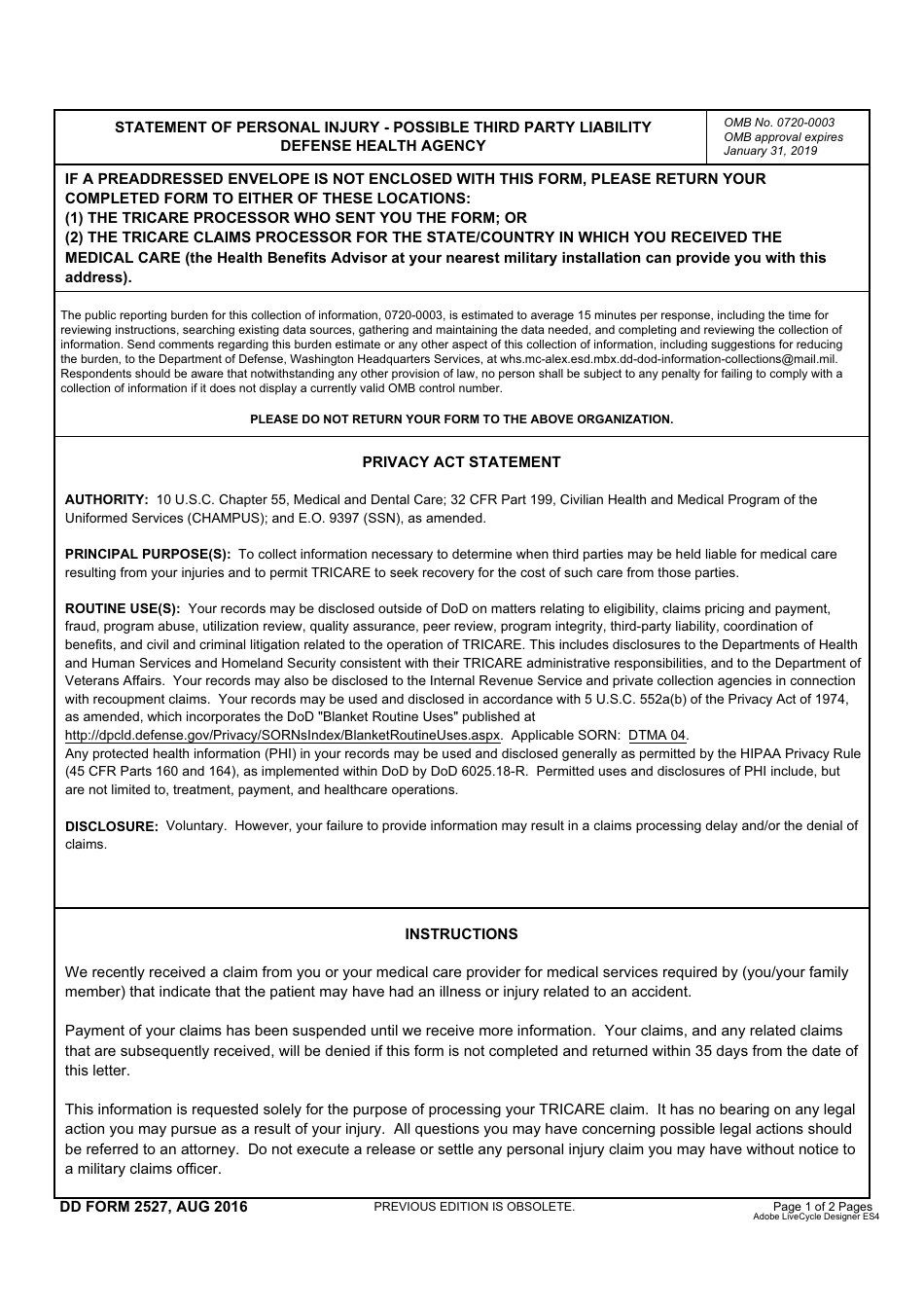 DD Form 2527 Statement of Personal Injury - Possible Third Party Liability, Defense Health Agency, Page 1