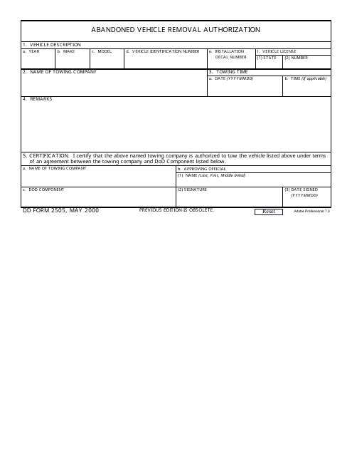DD Form 2505 Abandoned Vehicle Removal Authorization