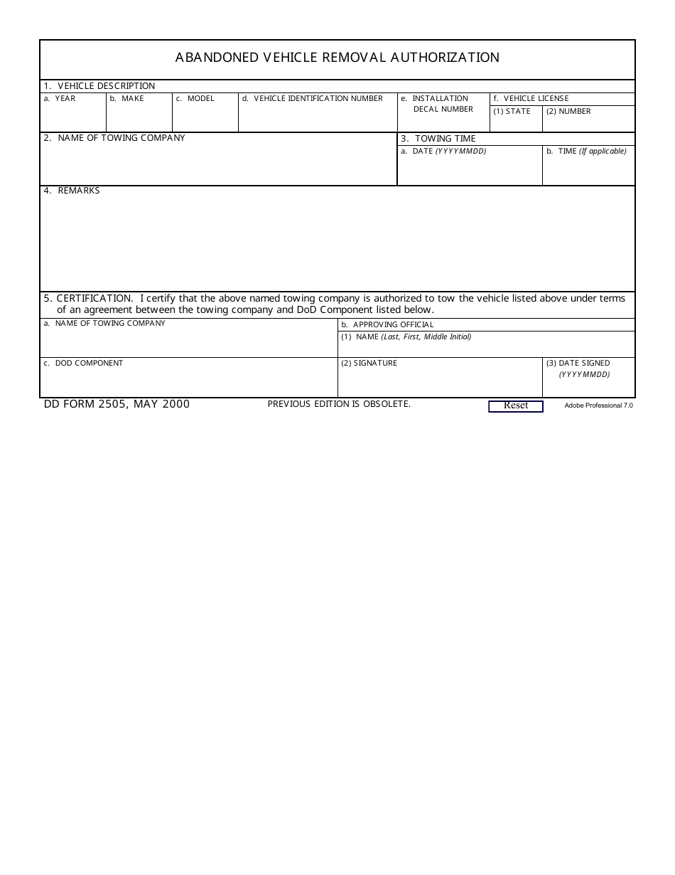 DD Form 2505 Abandoned Vehicle Removal Authorization, Page 1