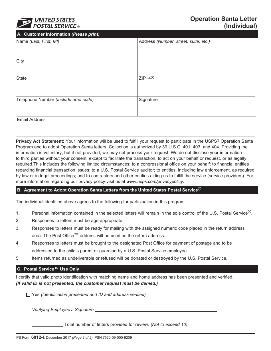 PS Form 6012-I Operation Santa Letter (Individual), Page 1