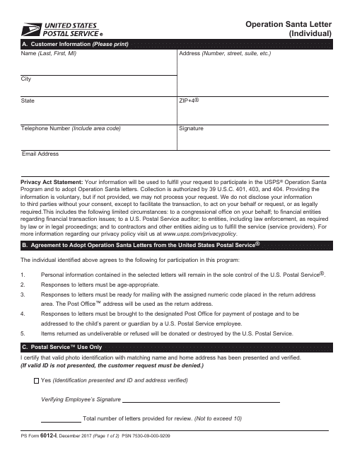 PS Form 6012-I Operation Santa Letter (Individual)
