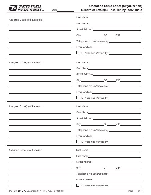 PS Form 6012-A  Printable Pdf