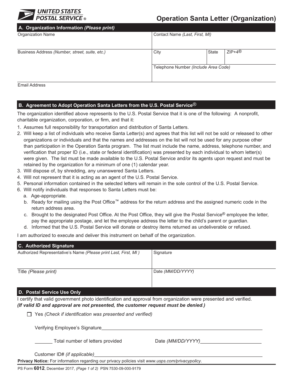 PS Form 6012 Operation Santa Letter (Organization), Page 1