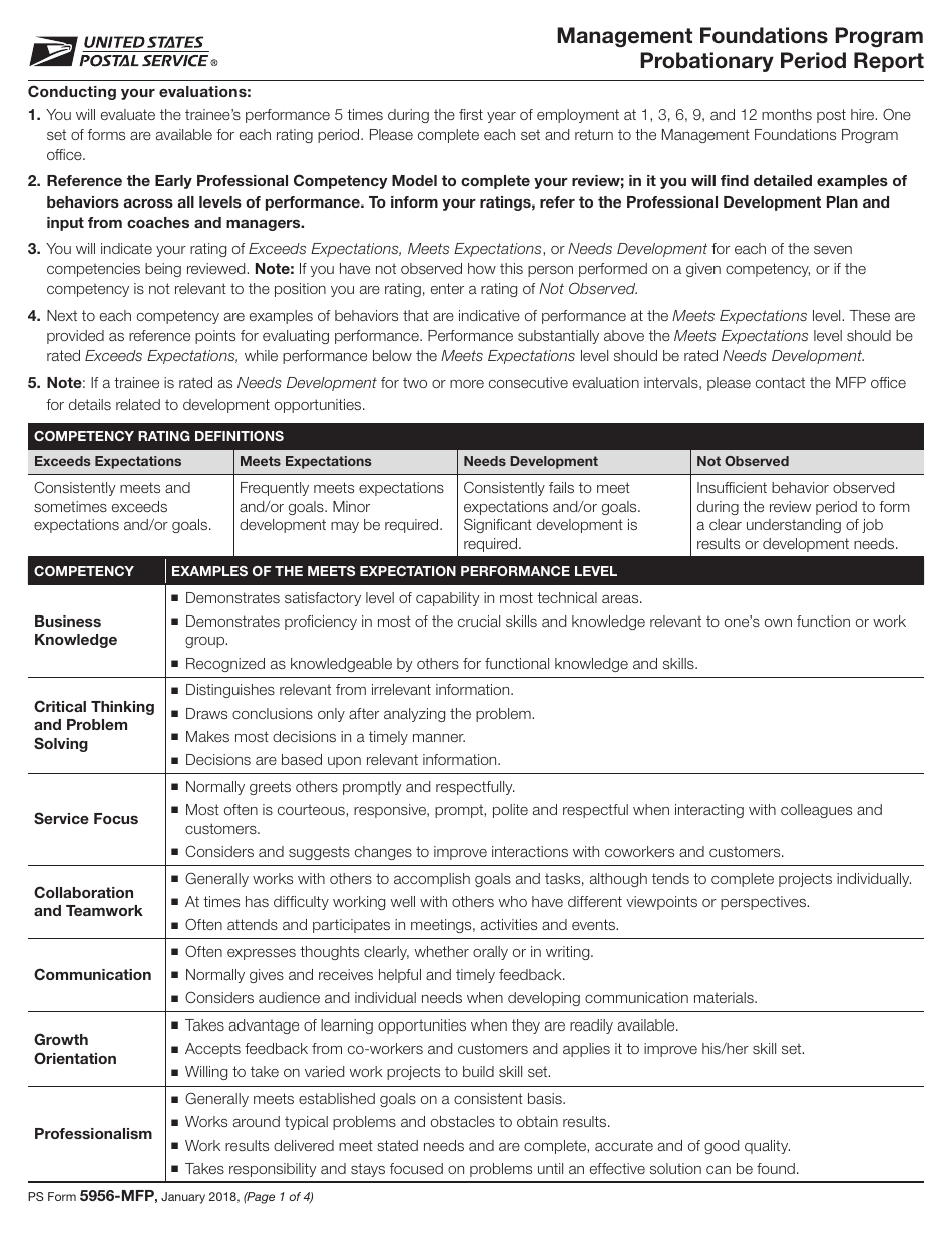 PS Form 5956-MFP Management Foundations Program Probationary Period Report, Page 1