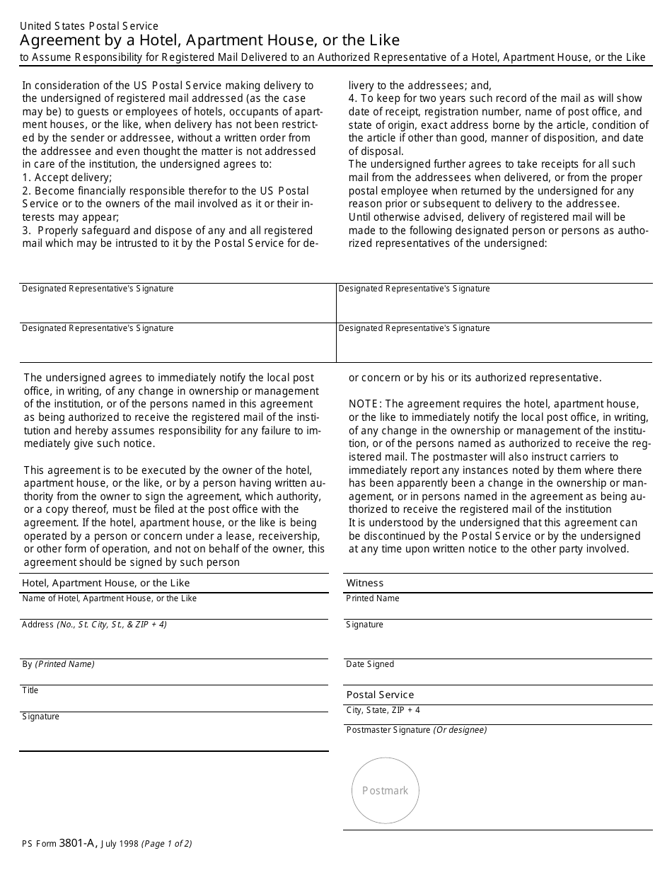 PS Form 3801-A Agreement by a Hotel, Apartment House, or the Like, Page 1