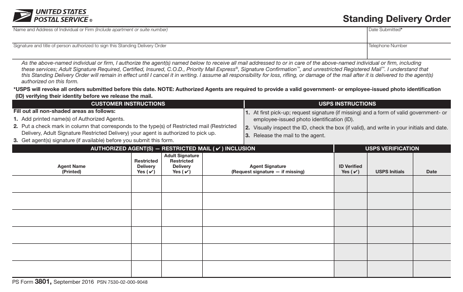 PS Form 3801 Standing Delivery Order, Page 1