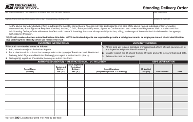 PS Form 3801 &quot;Standing Delivery Order&quot;