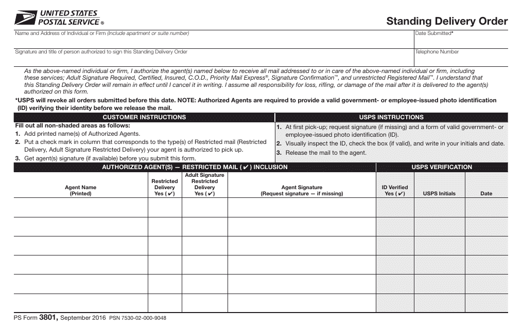 PS Form 3801 Standing Delivery Order