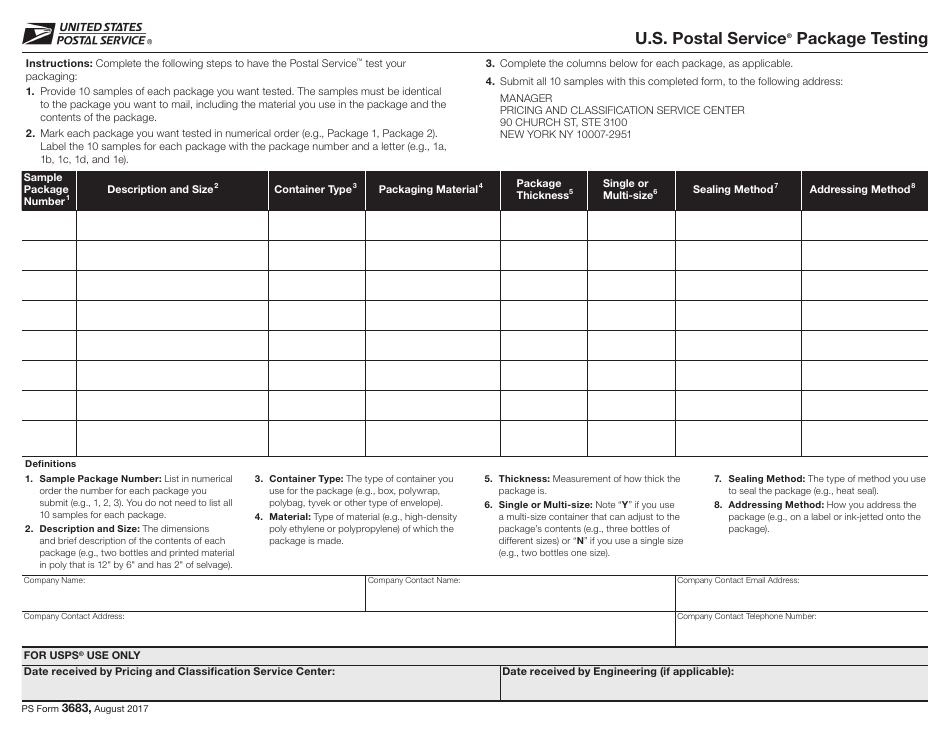 PS Form 3683 U.S. Postal Service Package Testing, Page 1