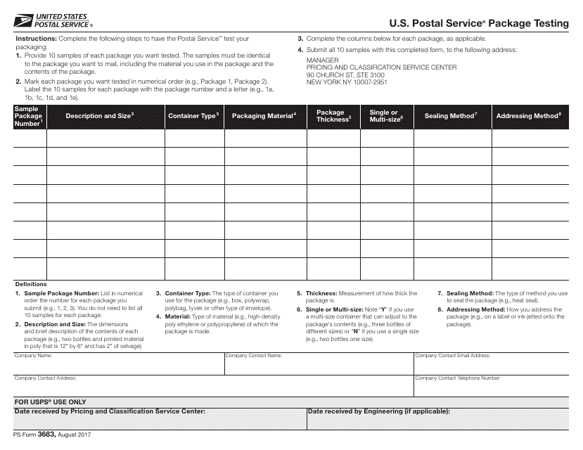 PS Form 3683 U.S. Postal Service Package Testing
