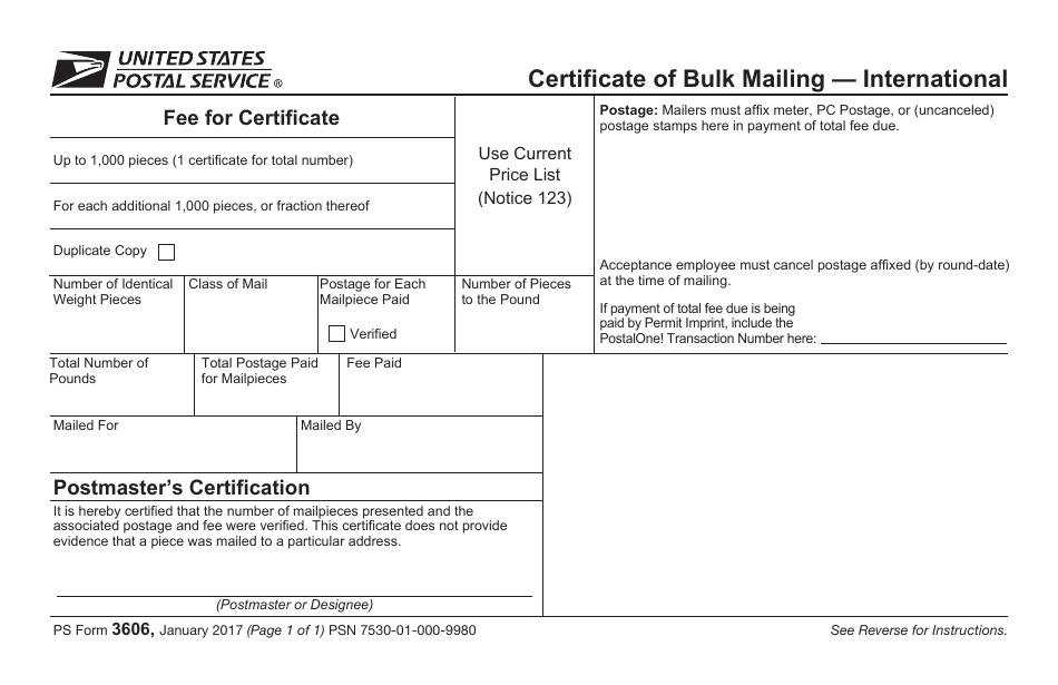 PS Form 3606 Certificate of Bulk Mailing - International, Page 1