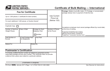 Document preview: PS Form 3606 Certificate of Bulk Mailing - International