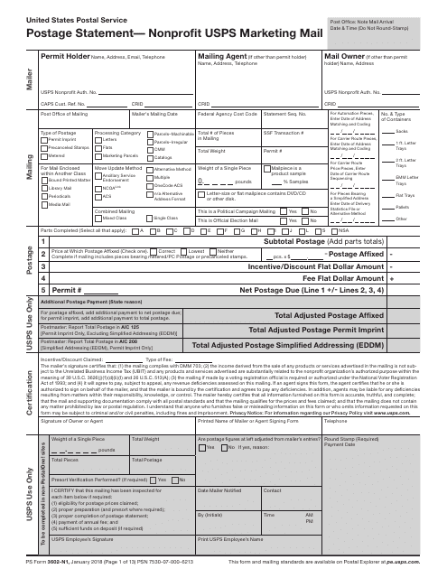 PS Form 3602-n1 Download Printable PDF, Postage Statement - Nonprofit ...