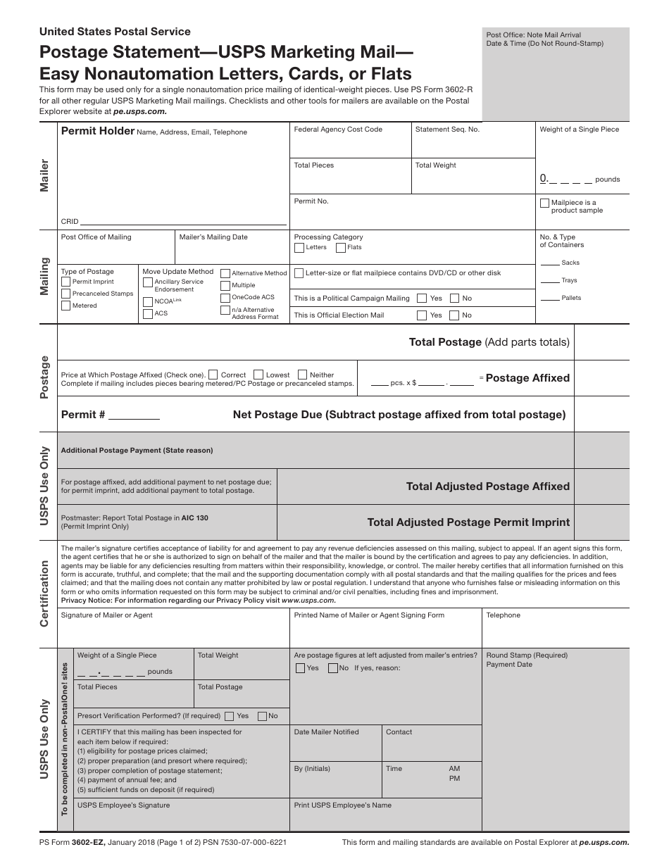PS Form 3602-EZ Postage Statement - USPS Marketing Mail - Easy Nonautomation Letters, Cards, or Flats, Page 1