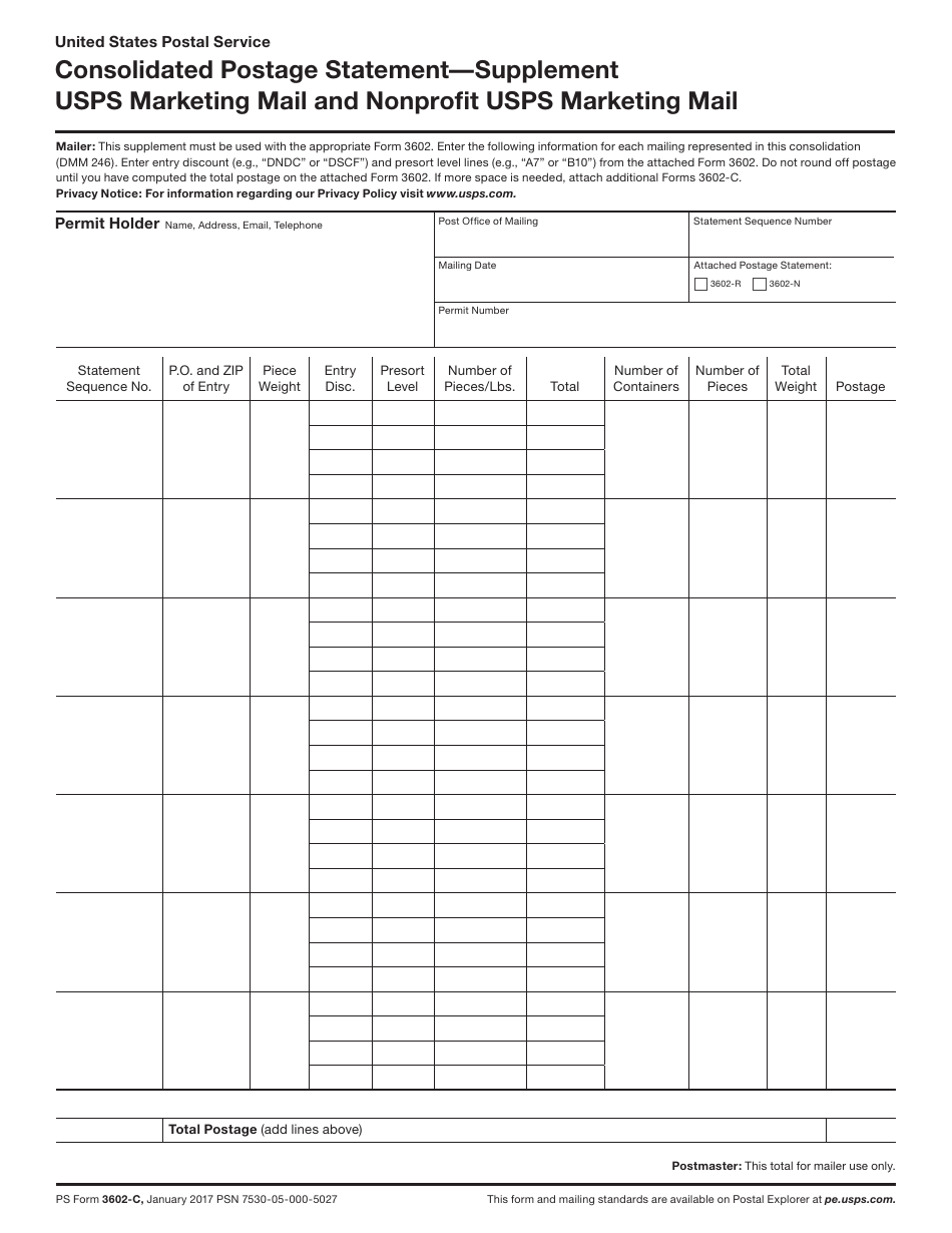 PS Form 3602-C Consolidated Postage Statement - Supplement USPS Marketing Mail and Nonprofit USPS Marketing Mail, Page 1