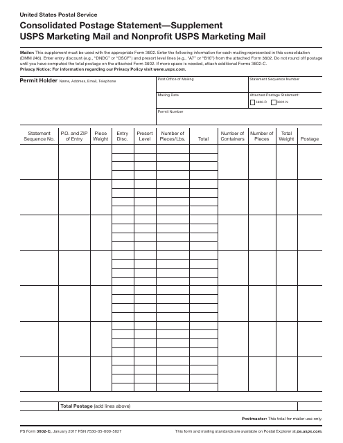 PS Form 3602-C Consolidated Postage Statement - Supplement USPS Marketing Mail and Nonprofit USPS Marketing Mail