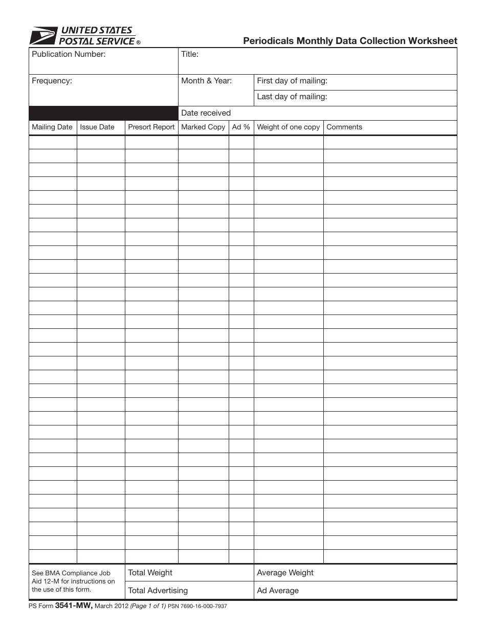 PS Form 3541-MW Periodicals Monthly Data Collection Worksheet, Page 1