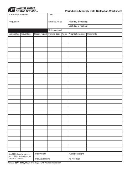 PS Form 3541-MW Periodicals Monthly Data Collection Worksheet