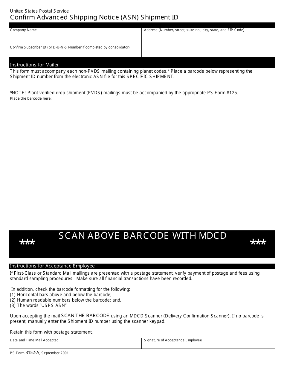 PS Form 3152-A Confirm Advanced Shipping Notice (Asn) Shipment Id, Page 1