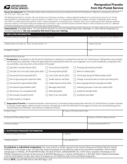 PS Form 2574  Printable Pdf