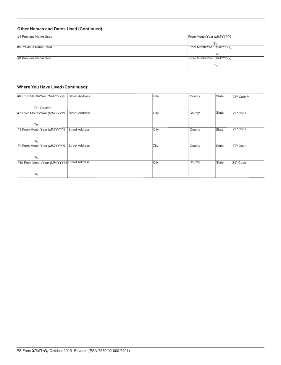 PS Form 2181-A Pre-employment Screening - Authorization and Release, Page 2