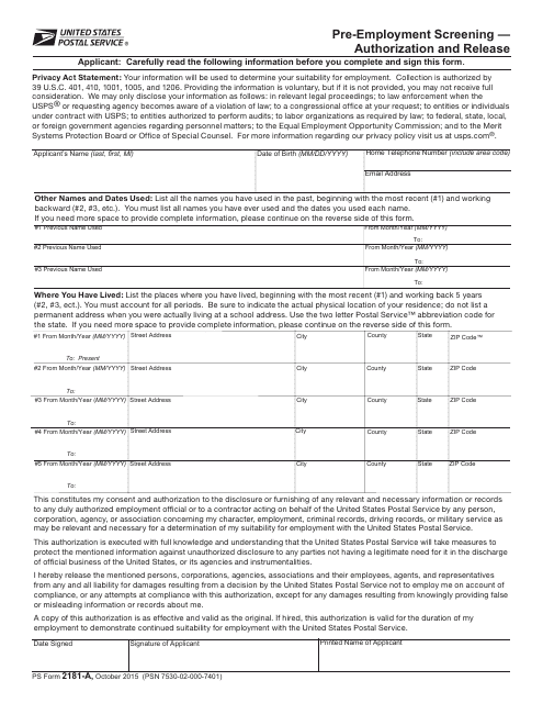 PS Form 2181-A Pre-employment Screening - Authorization and Release