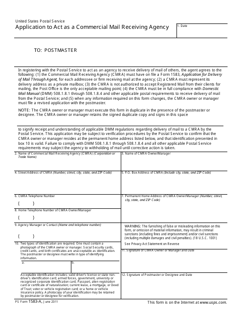 PS Form 1583-A  Printable Pdf