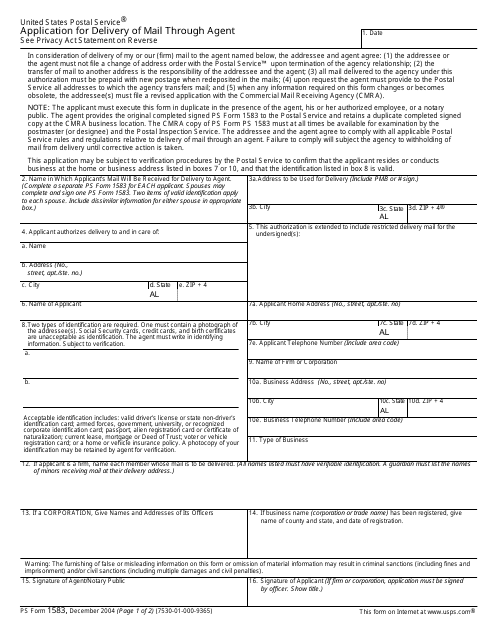 PS Form 1583 Application for Delivery of Mail Through Agent