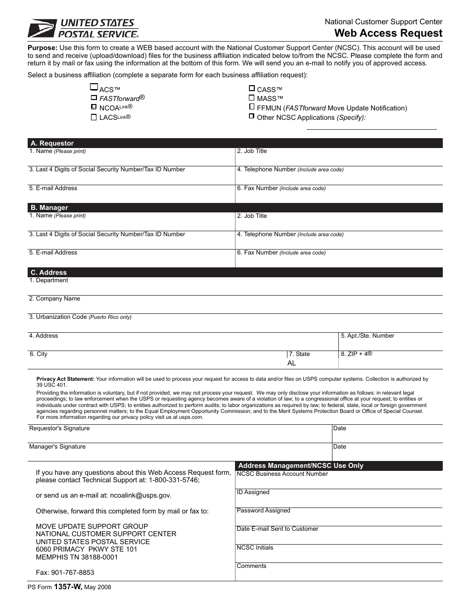 PS Form 1357-W Web Access Request, Page 1