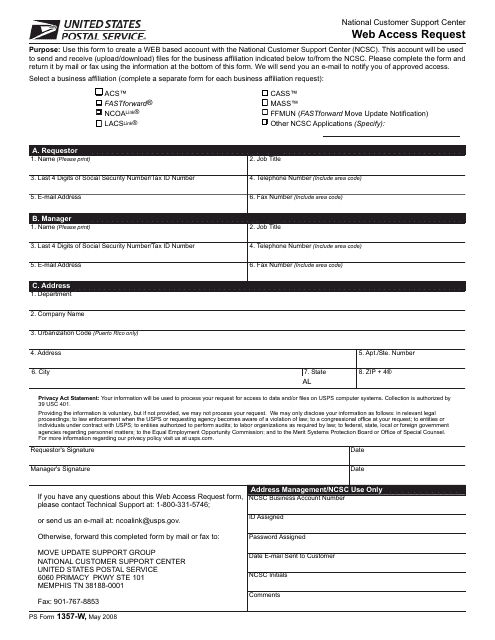 PS Form 1357-W  Printable Pdf