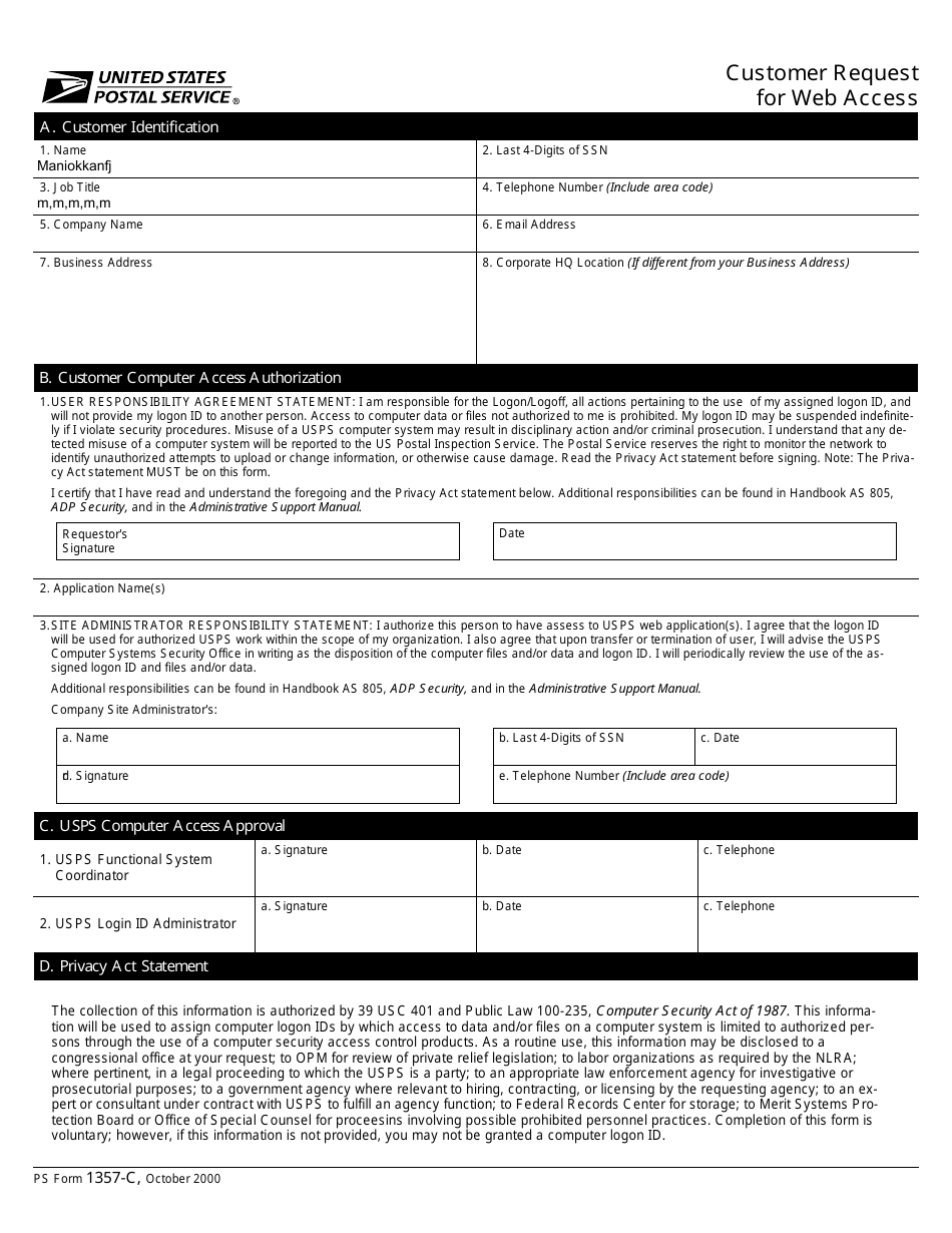 PS Form 1357-C Customer Request for Web Access, Page 1