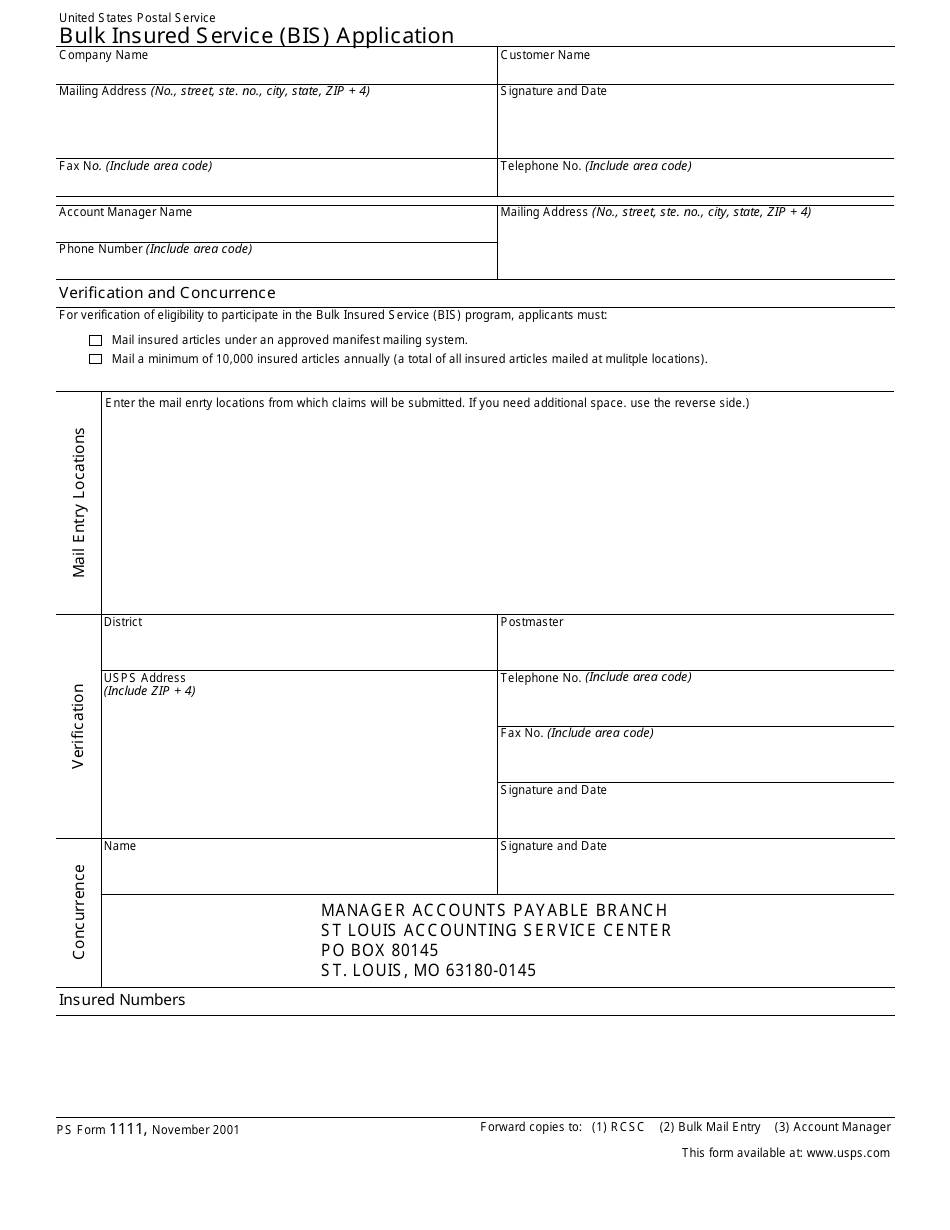 PS Form 1111 Bulk Insured Service (Bis) Application, Page 1