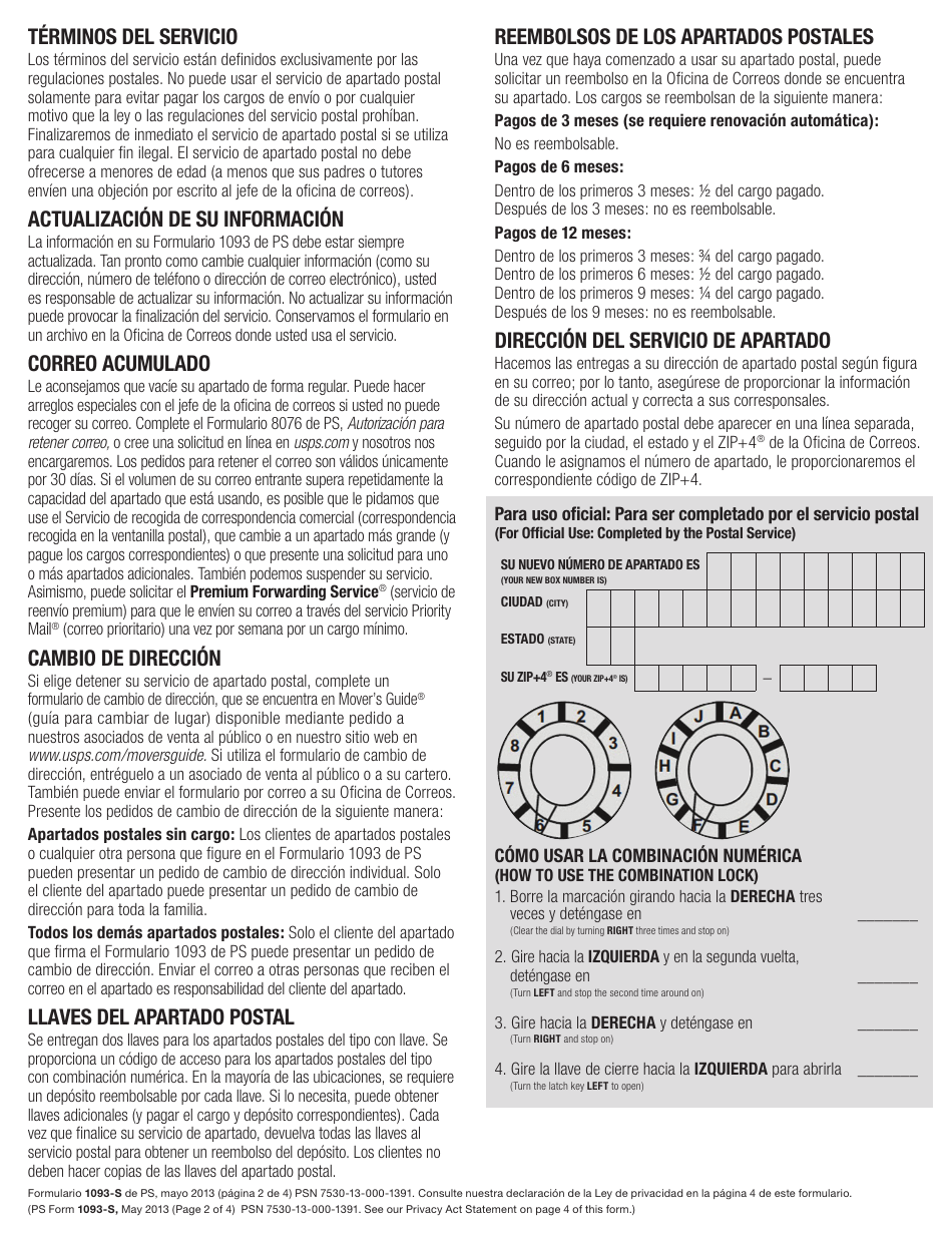 PS Formulario 1093-S Solicitud Para El Servicio Post Office Box (Spanish), Page 2
